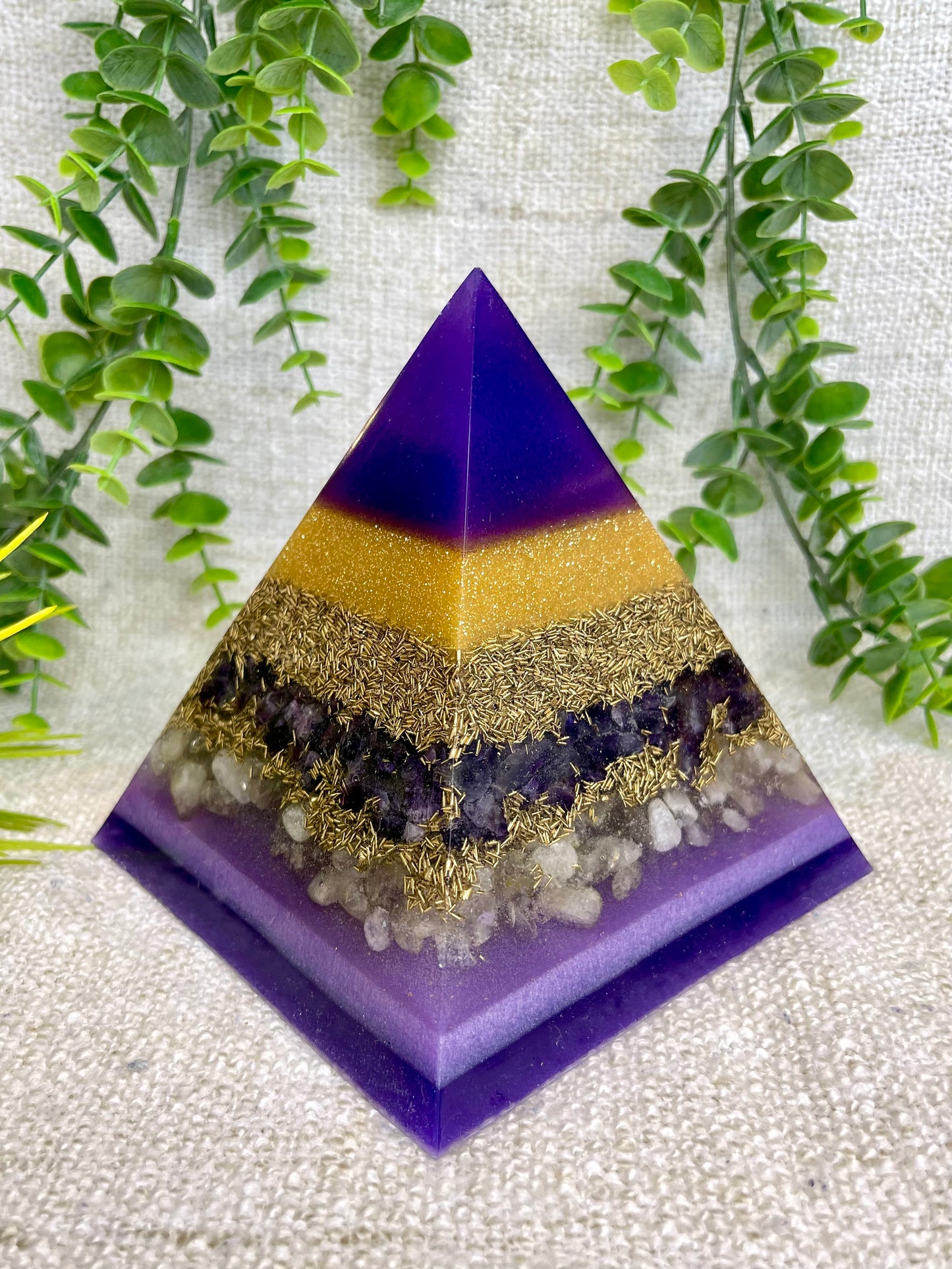 CHARLOTTE - Orgonite Pyramid - EMF Protector - Amethyst with Citrine and Brass Metals