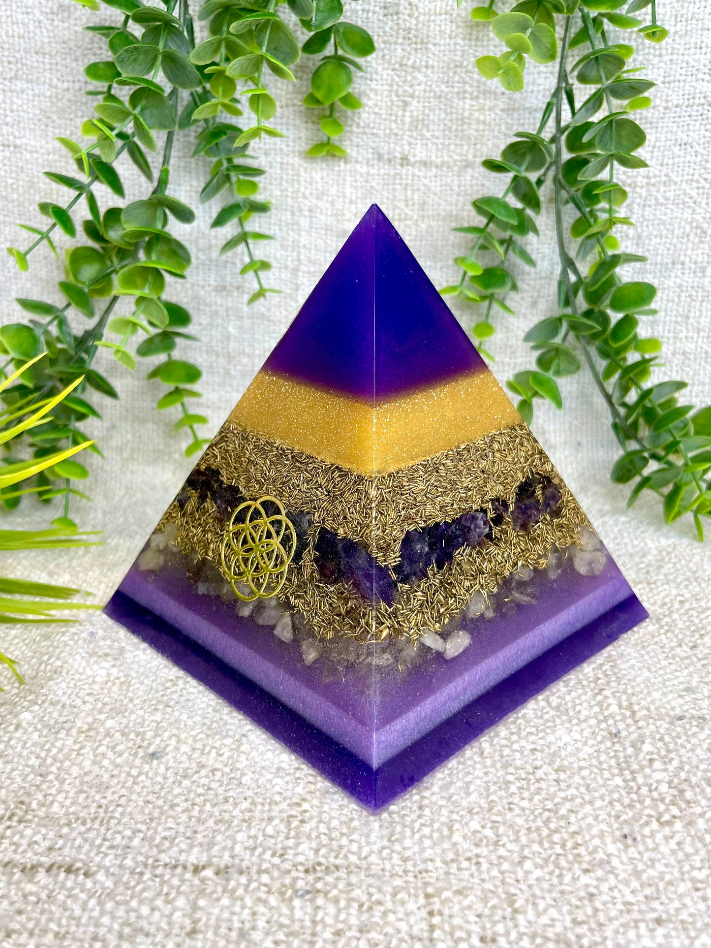 CHARLOTTE - Orgonite Pyramid - EMF Protector - Amethyst with Citrine and Brass Metals