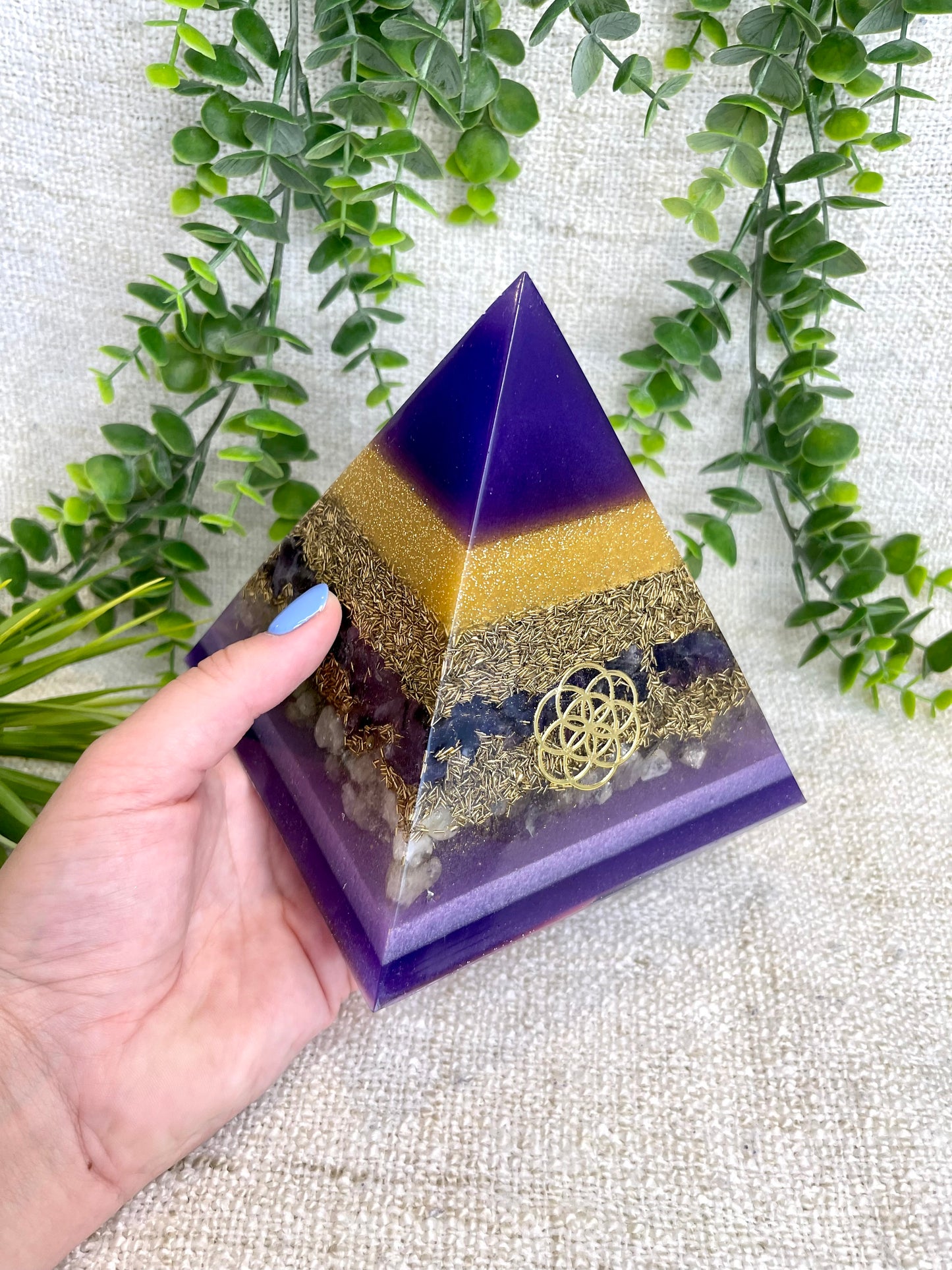 CHARLOTTE - Orgonite Pyramid - EMF Protector - Amethyst with Citrine and Brass Metals