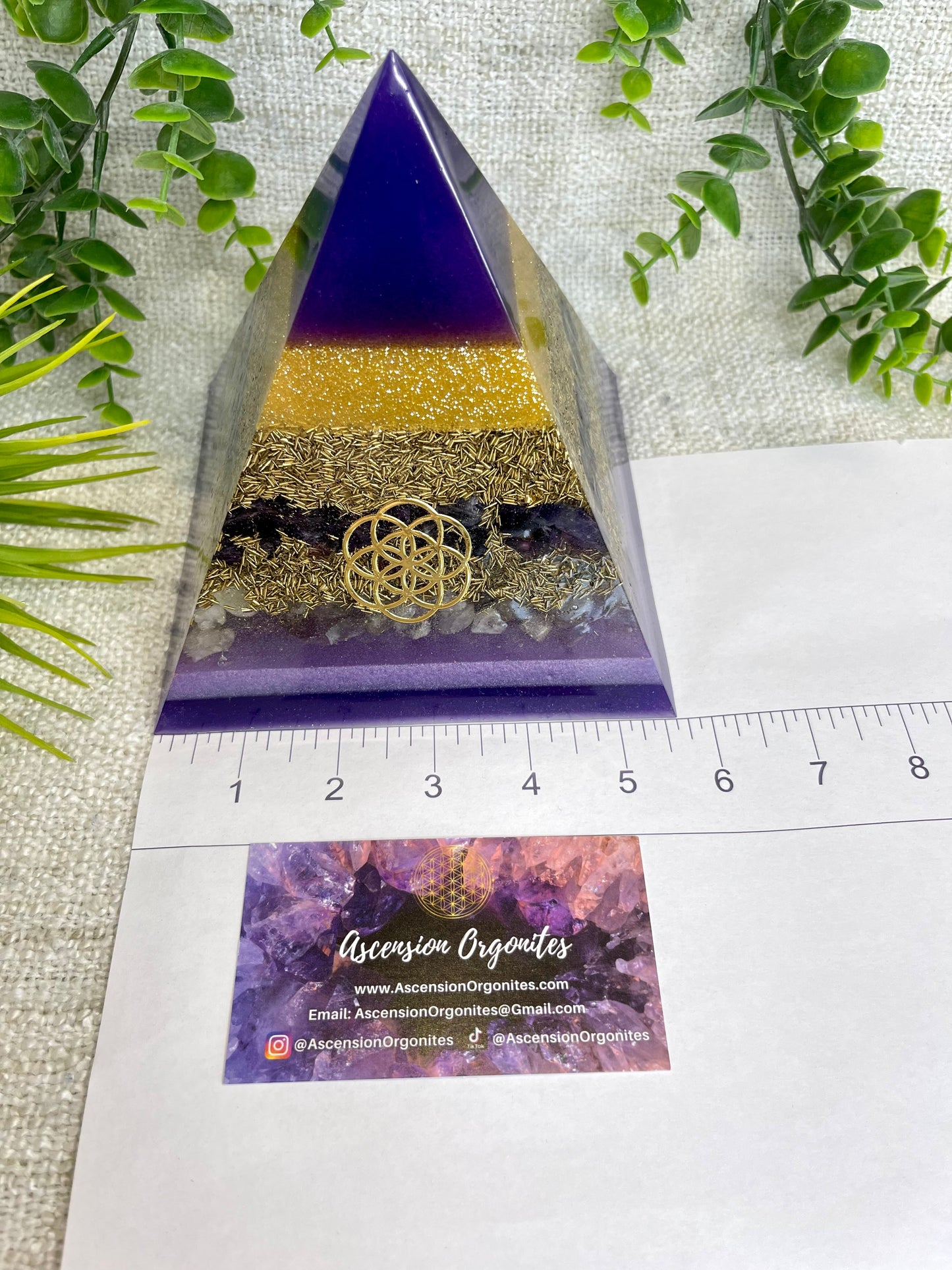 CHARLOTTE - Orgonite Pyramid - EMF Protector - Amethyst with Citrine and Brass Metals