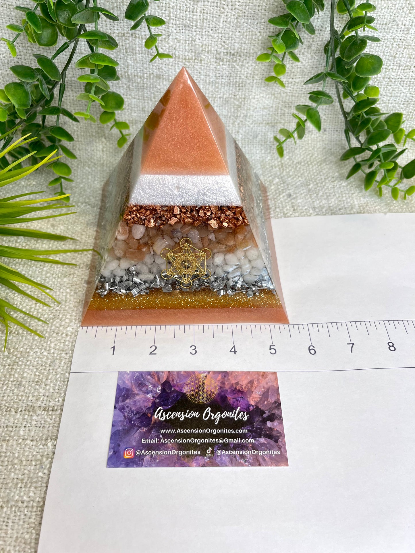 GEORGIA - Orgonite Pyramid - EMF Protector - Peach Moonstone, White Milky Quartz and Copper with Aluminum Metals