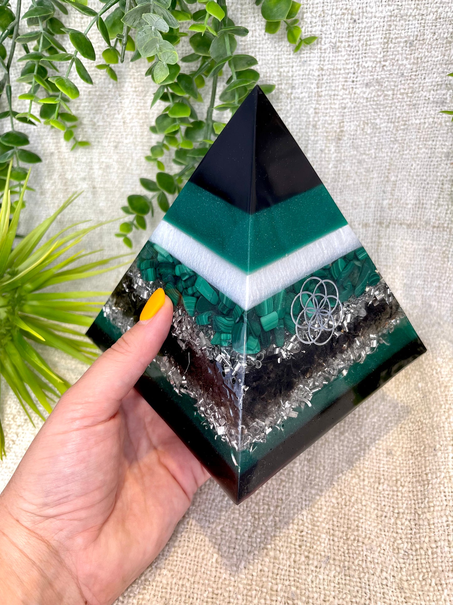 ATLAS - Orgonite Pyramid - EMF Protector - Malachite Crystal, Smoky Quartz with  Aluminum Metal