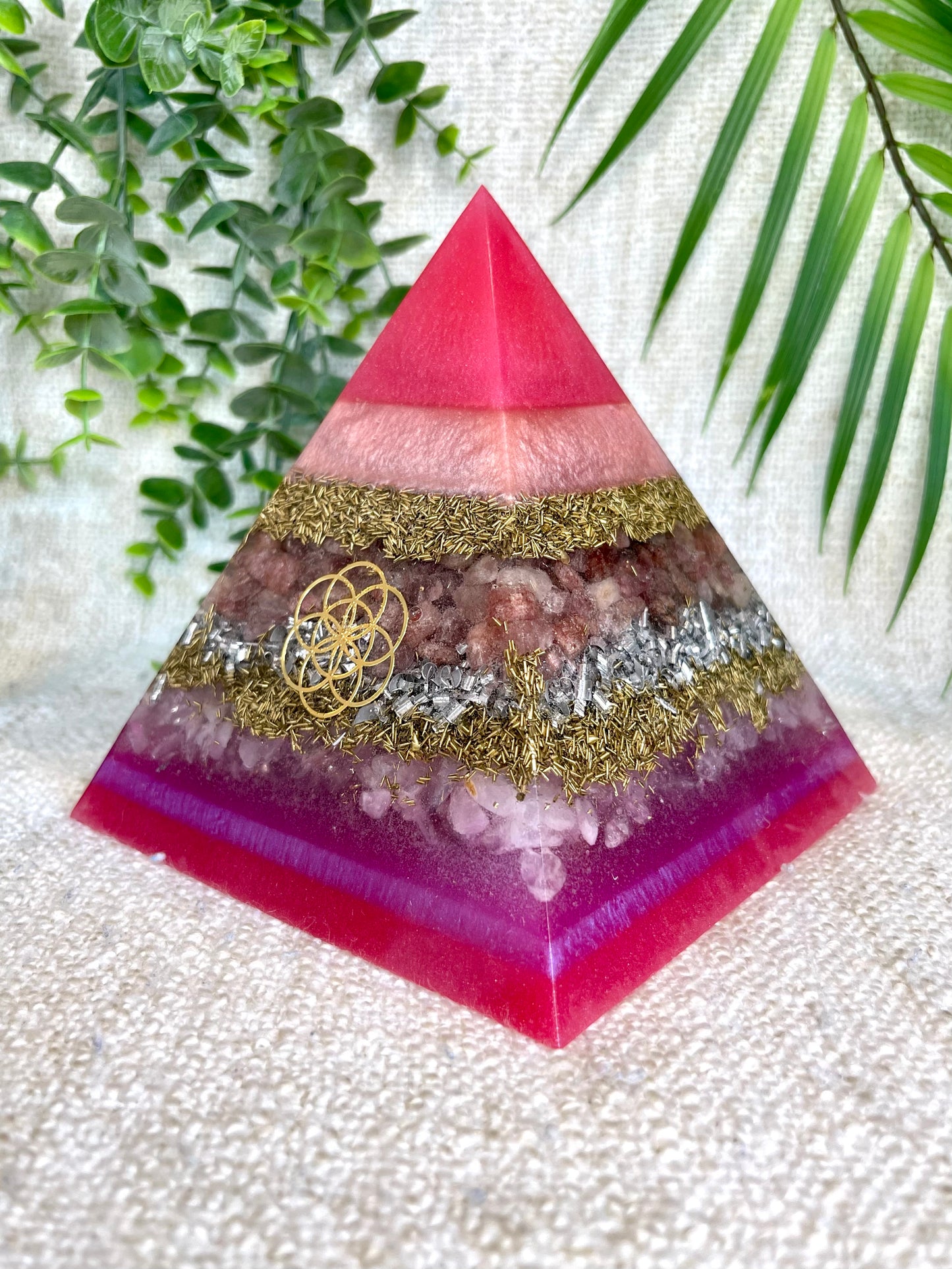 SABRINA - Orgonite Pyramid - EMF Protector - Strawberry Quartz and Rose Quartz with Brass and Aluminum Metal