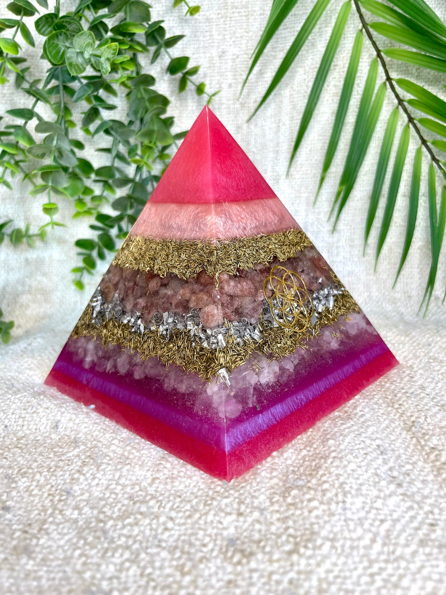 SABRINA - Orgonite Pyramid - EMF Protector - Strawberry Quartz and Rose Quartz with Brass and Aluminum Metal