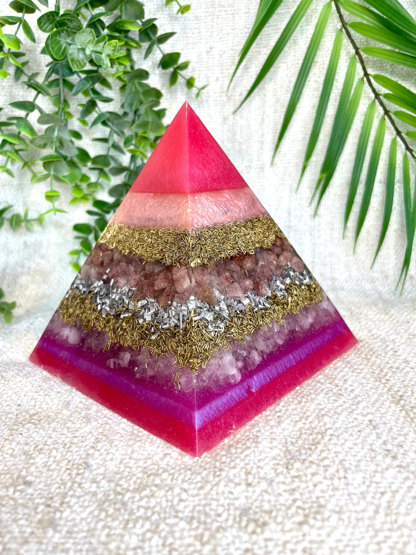 SABRINA - Orgonite Pyramid - EMF Protector - Strawberry Quartz and Rose Quartz with Brass and Aluminum Metal