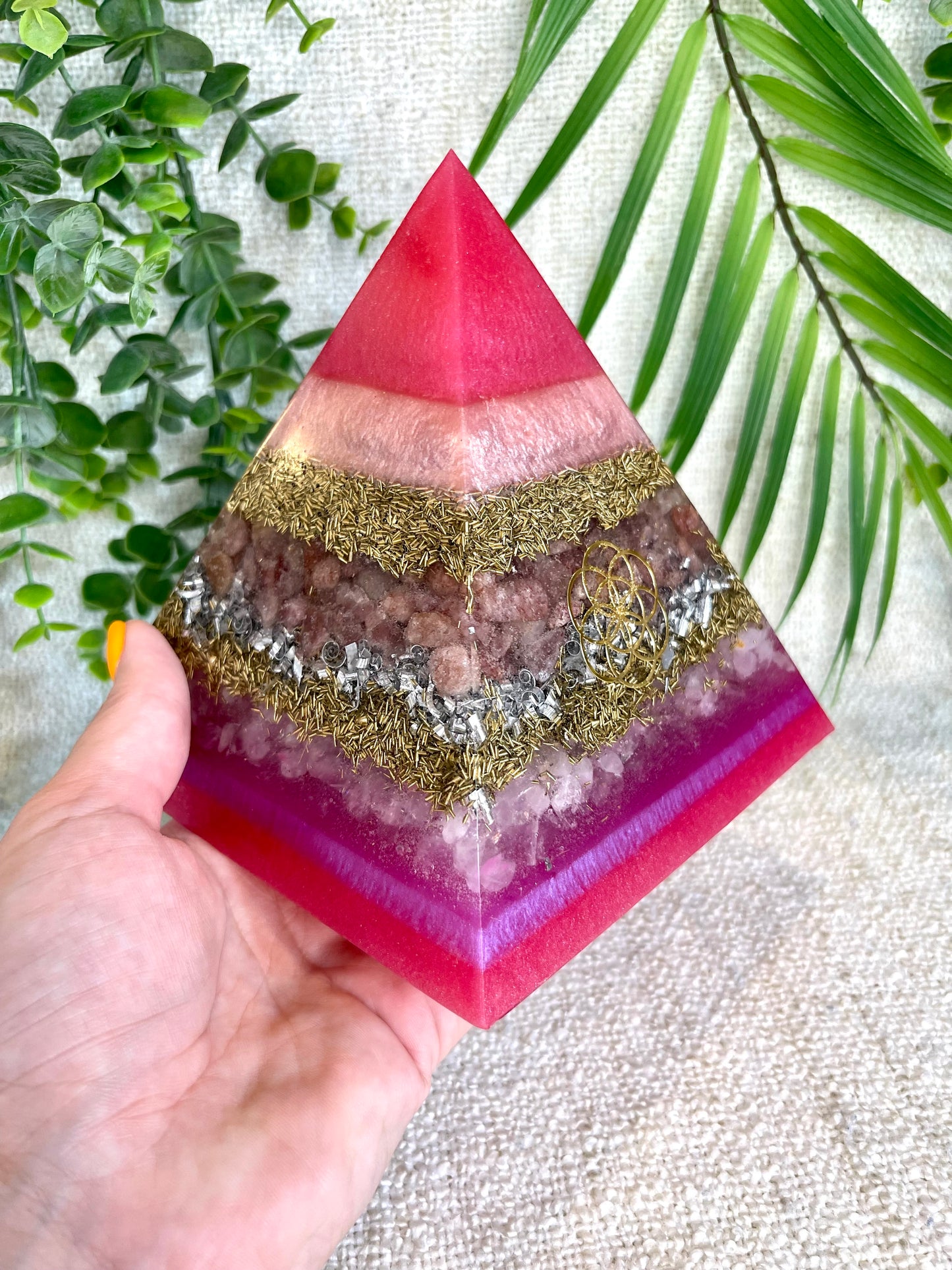 SABRINA - Orgonite Pyramid - EMF Protector - Strawberry Quartz and Rose Quartz with Brass and Aluminum Metal