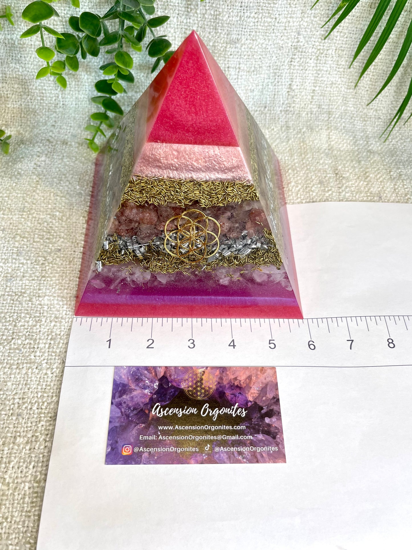 SABRINA - Orgonite Pyramid - EMF Protector - Strawberry Quartz and Rose Quartz with Brass and Aluminum Metal