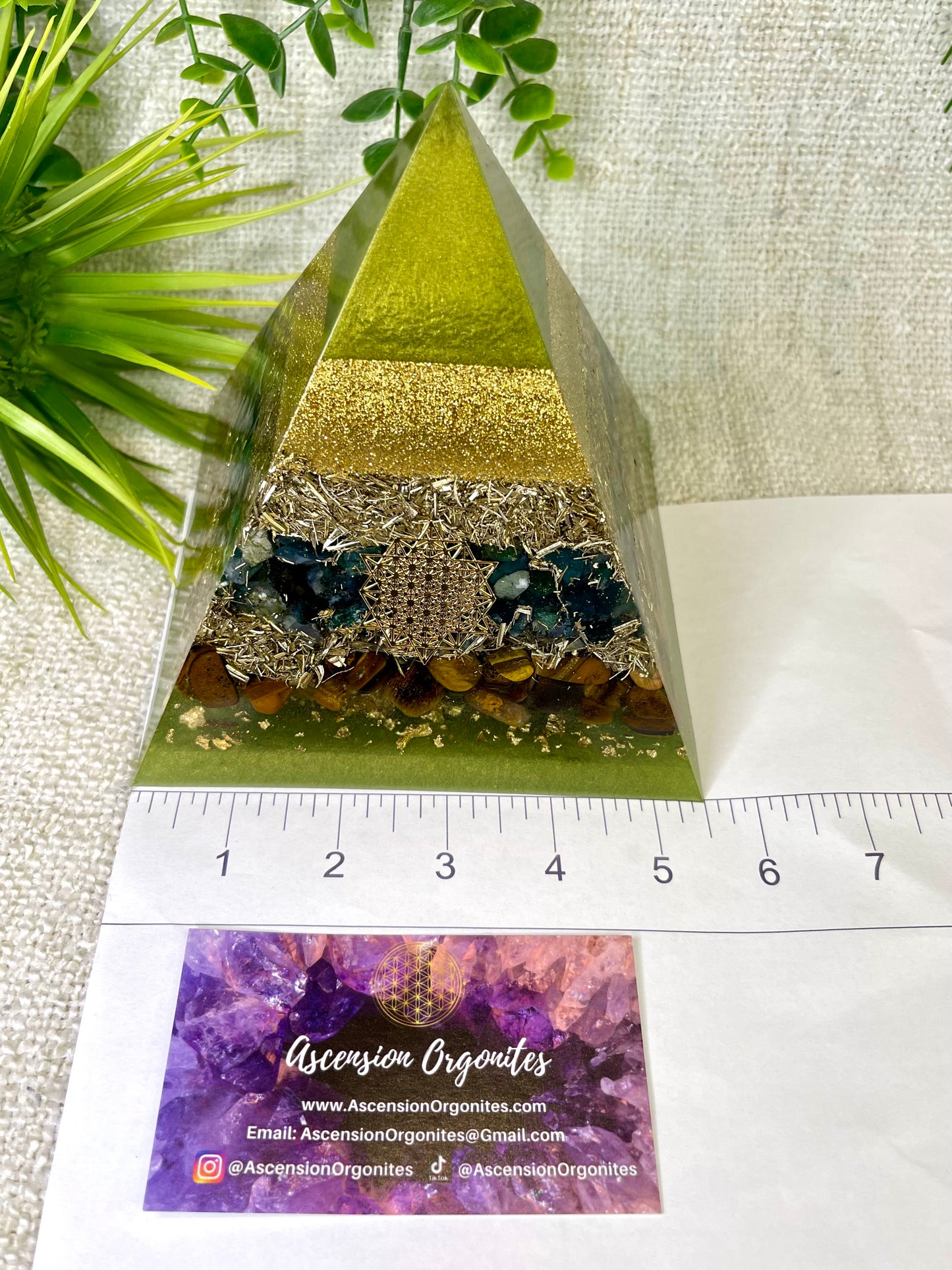 BETH - Orgonite Pyramid - EMF Protector - Moss Agate, Tiger's Eye and Brass metals