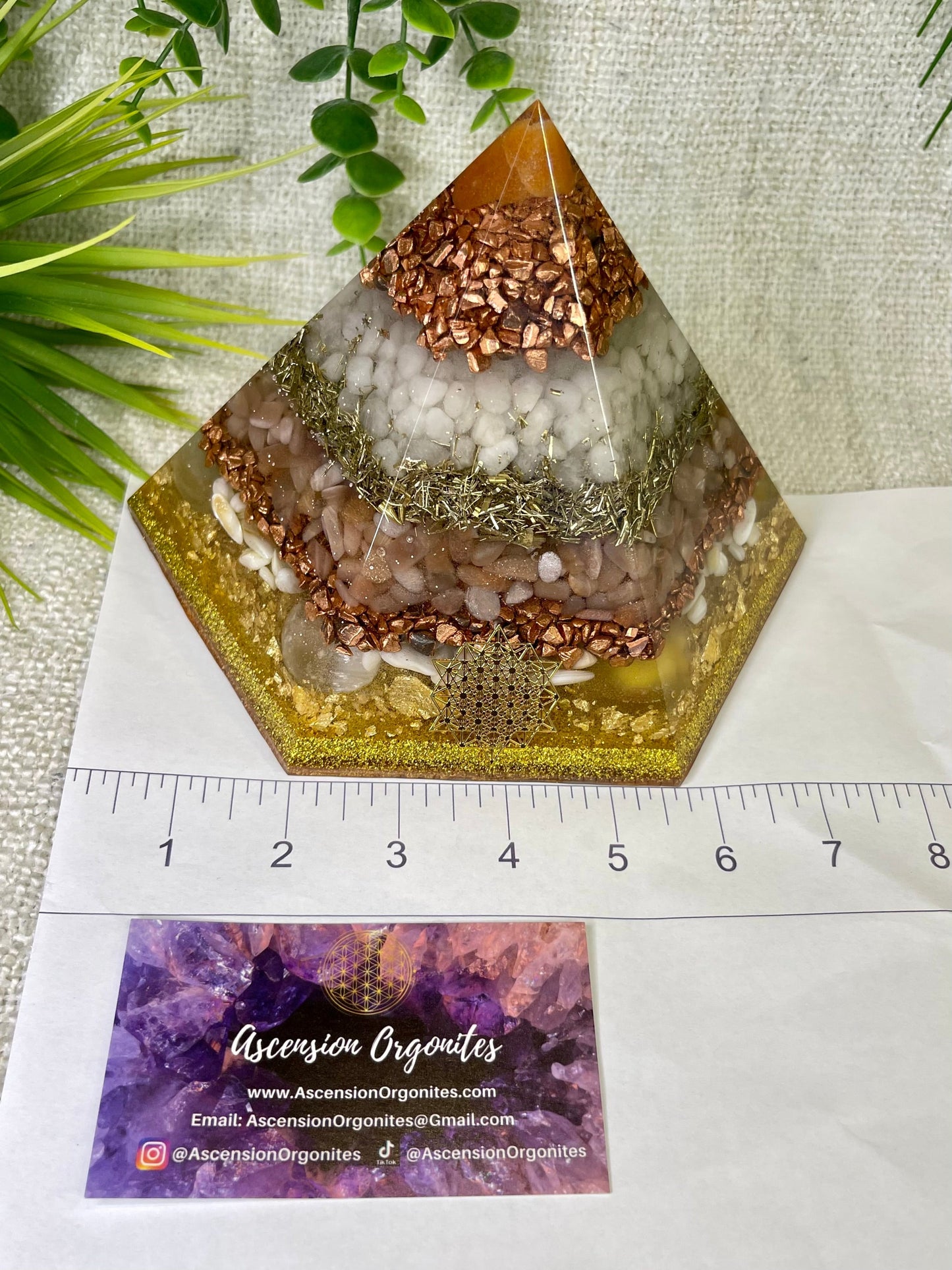EVA - Special Edition Hexagonal Pyramid! - EMF Protector - Carnelian, White Quartz, Peach Moonstone, Selenite Crystals with Copper, Brass and Real 24k Gold Leaf