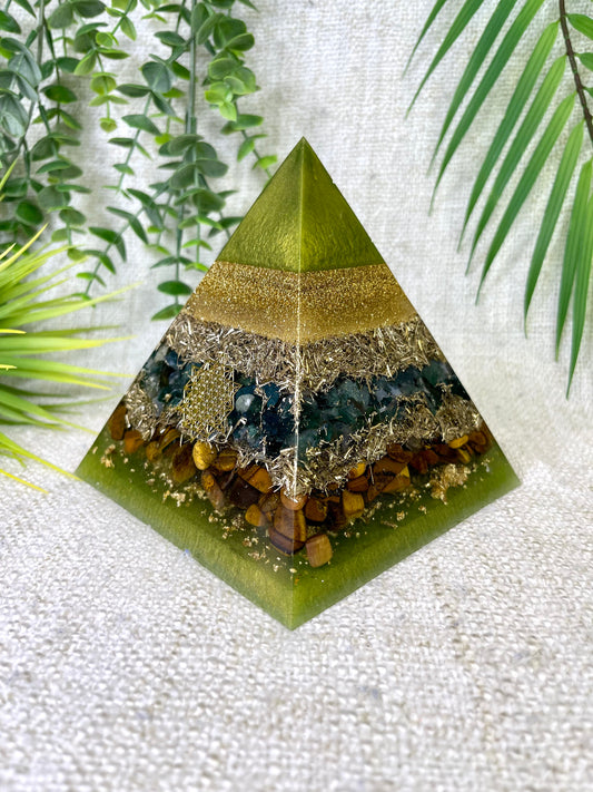 BETH - Orgonite Pyramid - EMF Protector - Moss Agate, Tiger's Eye and Brass metals