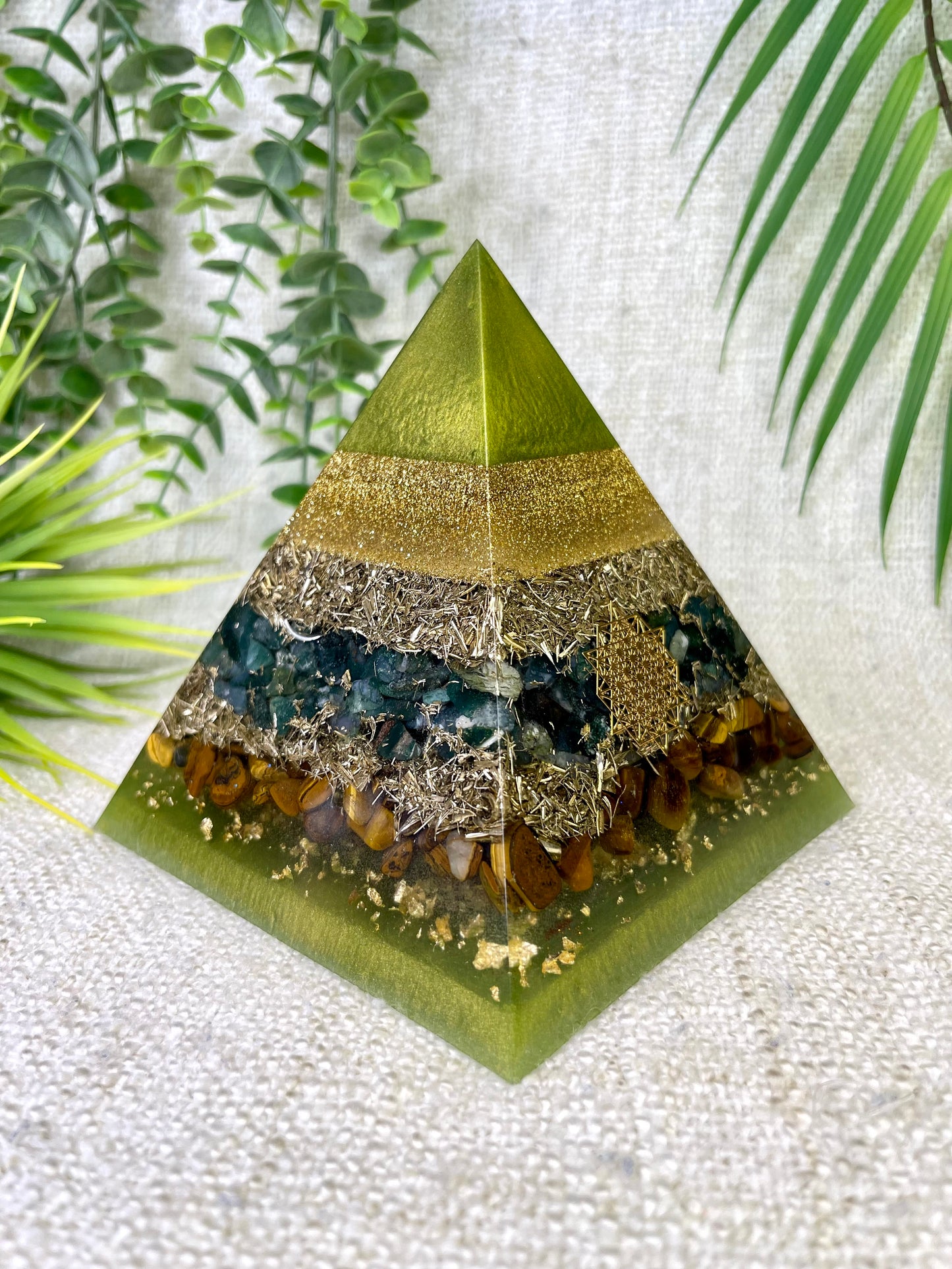 BETH - Orgonite Pyramid - EMF Protector - Moss Agate, Tiger's Eye and Brass metals