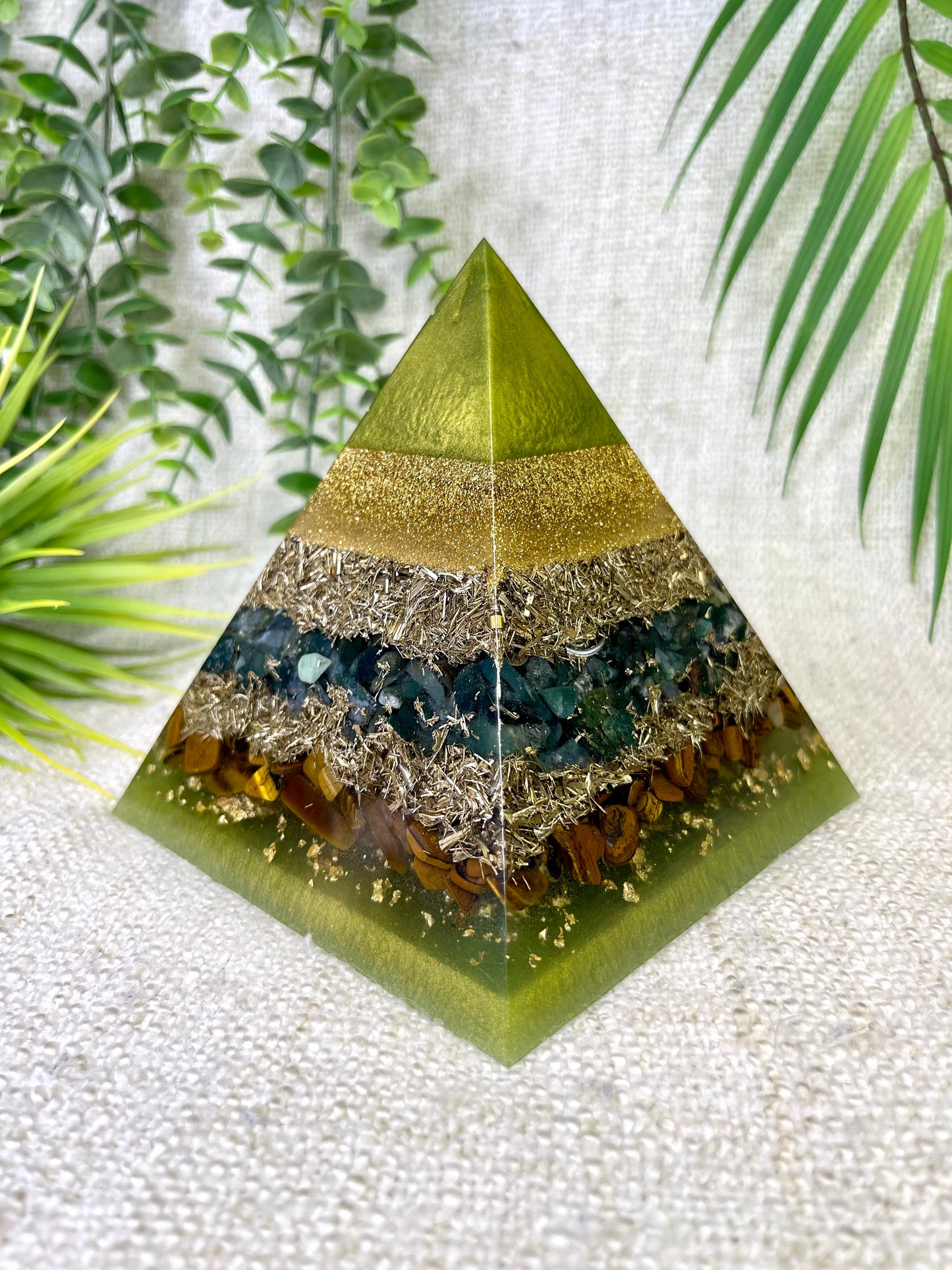 BETH - Orgonite Pyramid - EMF Protector - Moss Agate, Tiger's Eye and Brass metals