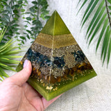 BETH - Orgonite Pyramid - EMF Protector - Moss Agate, Tiger's Eye and Brass metals