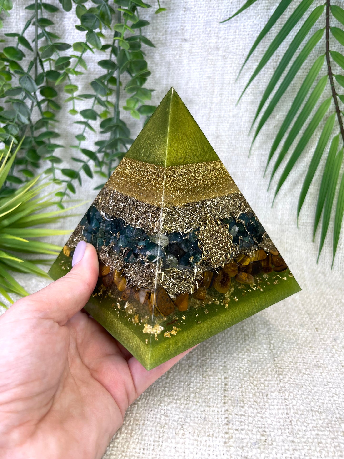 BETH - Orgonite Pyramid - EMF Protector - Moss Agate, Tiger's Eye and Brass metals