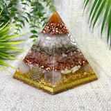 EVA - Special Edition Hexagonal Pyramid! - EMF Protector - Carnelian, White Quartz, Peach Moonstone, Selenite Crystals with Copper, Brass and Real 24k Gold Leaf