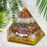 EVA - Special Edition Hexagonal Pyramid! - EMF Protector - Carnelian, White Quartz, Peach Moonstone, Selenite Crystals with Copper, Brass and Real 24k Gold Leaf