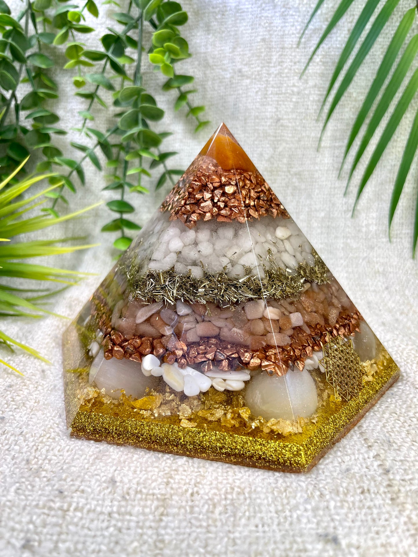 EVA - Special Edition Hexagonal Pyramid! - EMF Protector - Carnelian, White Quartz, Peach Moonstone, Selenite Crystals with Copper, Brass and Real 24k Gold Leaf