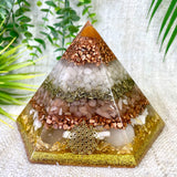 EVA - Special Edition Hexagonal Pyramid! - EMF Protector - Carnelian, White Quartz, Peach Moonstone, Selenite Crystals with Copper, Brass and Real 24k Gold Leaf