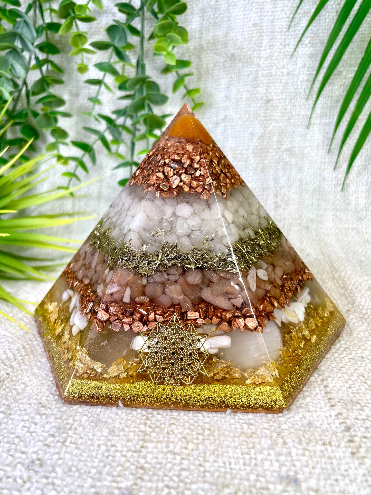 EVA - Special Edition Hexagonal Pyramid! - EMF Protector - Carnelian, White Quartz, Peach Moonstone, Selenite Crystals with Copper, Brass and Real 24k Gold Leaf