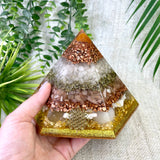 EVA - Special Edition Hexagonal Pyramid! - EMF Protector - Carnelian, White Quartz, Peach Moonstone, Selenite Crystals with Copper, Brass and Real 24k Gold Leaf