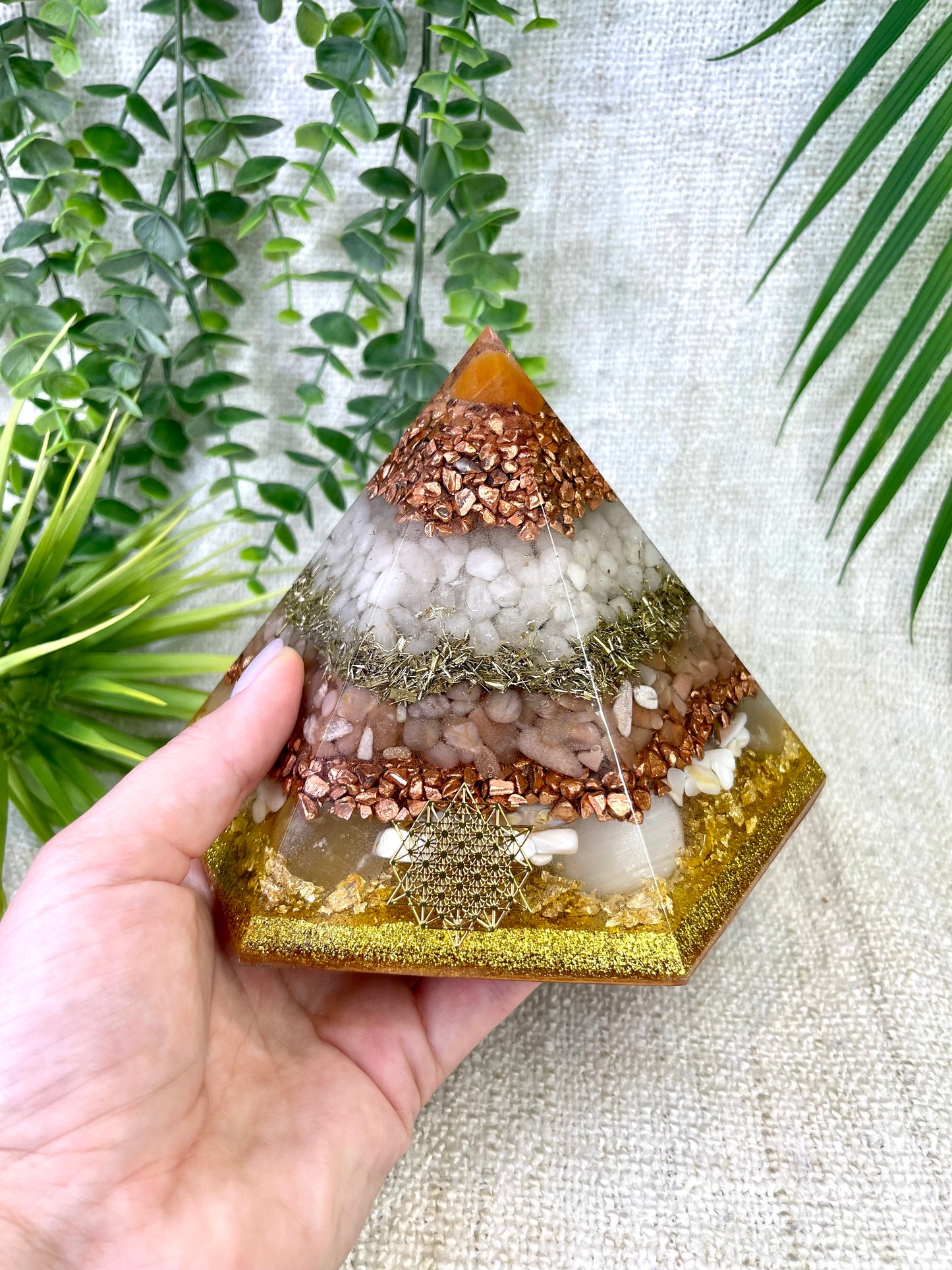 EVA - Special Edition Hexagonal Pyramid! - EMF Protector - Carnelian, White Quartz, Peach Moonstone, Selenite Crystals with Copper, Brass and Real 24k Gold Leaf