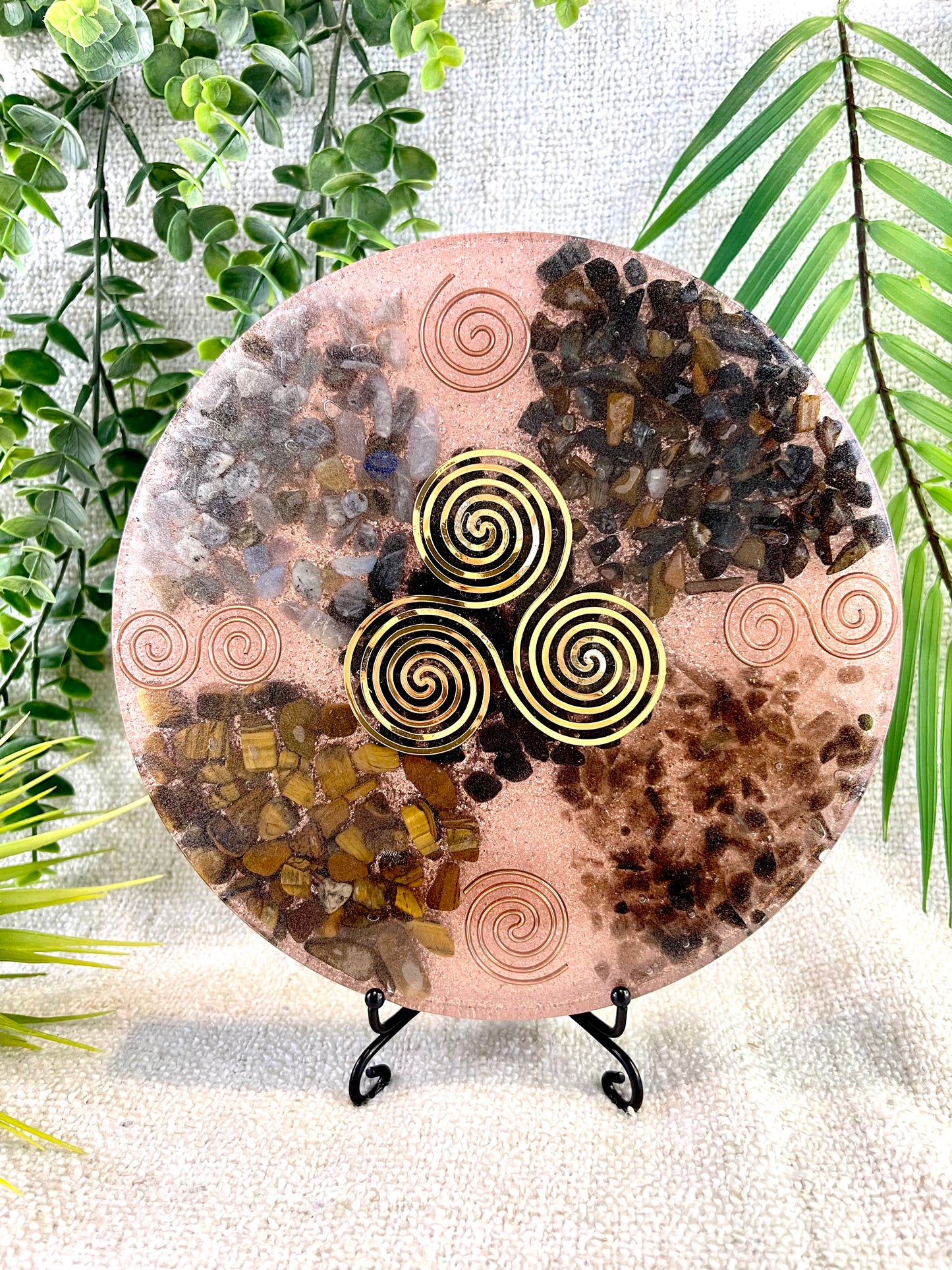 Grounding Orgonite Charging Plate - EMF Protector - Labradorite, Blue Tiger's Eye, Smoky Quartz, Brown Tiger's Eye and Copper Metals