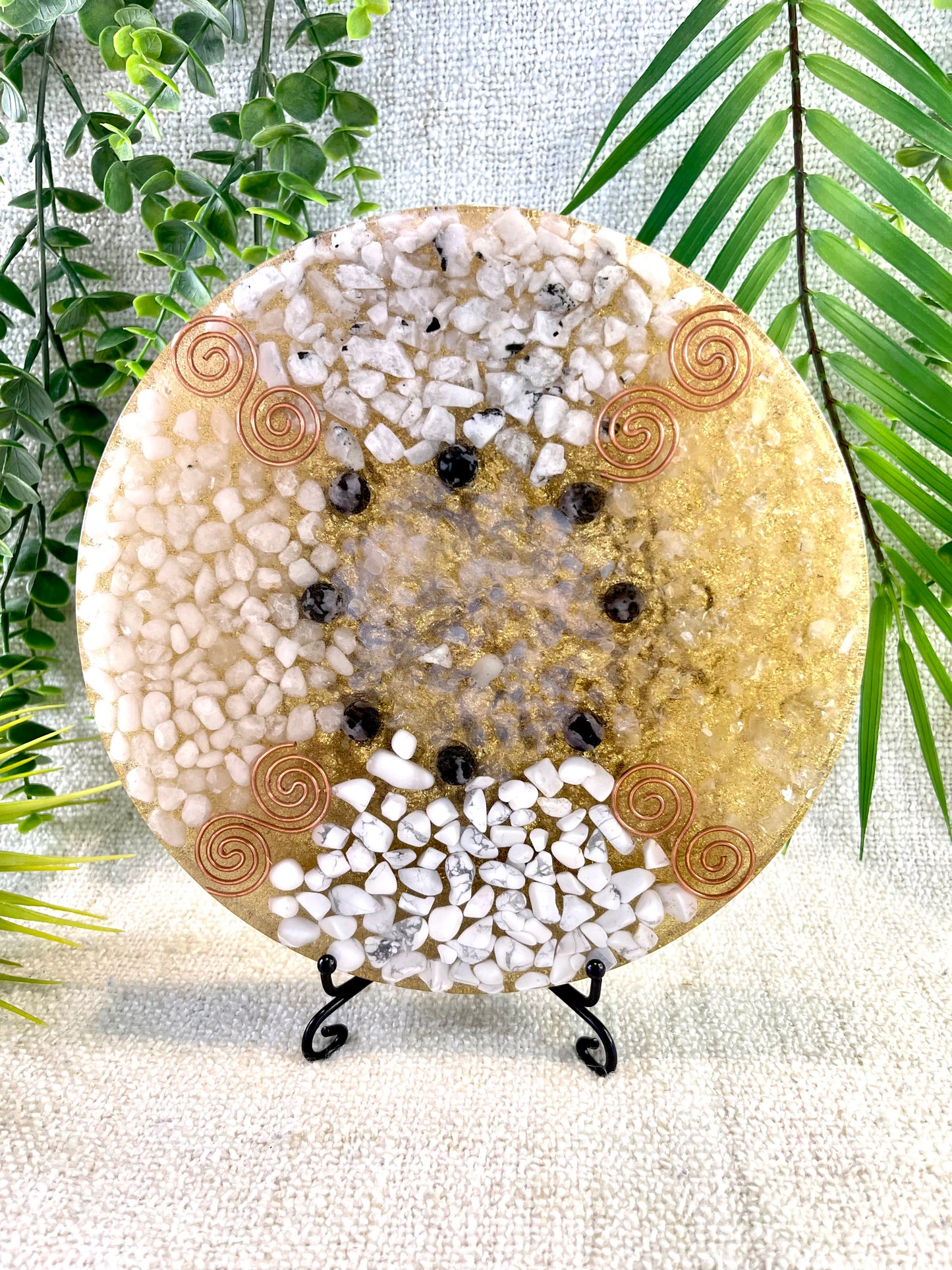 Clearing Orgonite Charging Plate - EMF Protector - White Quartz, White Milky Quartz, Howlite and Moonstone with Brass Metals