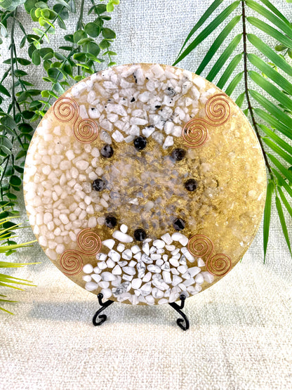 Clearing Orgonite Charging Plate - EMF Protector - White Quartz, White Milky Quartz, Howlite and Moonstone with Brass Metals