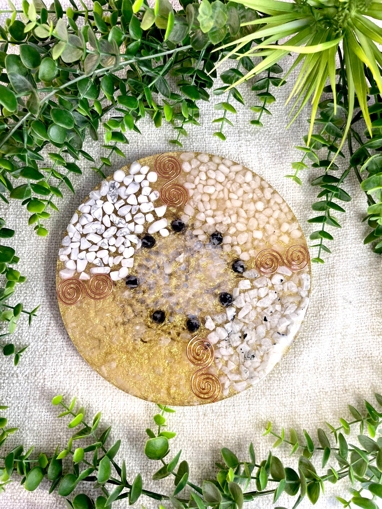 Clearing Orgonite Charging Plate - EMF Protector - White Quartz, White Milky Quartz, Howlite and Moonstone with Brass Metals