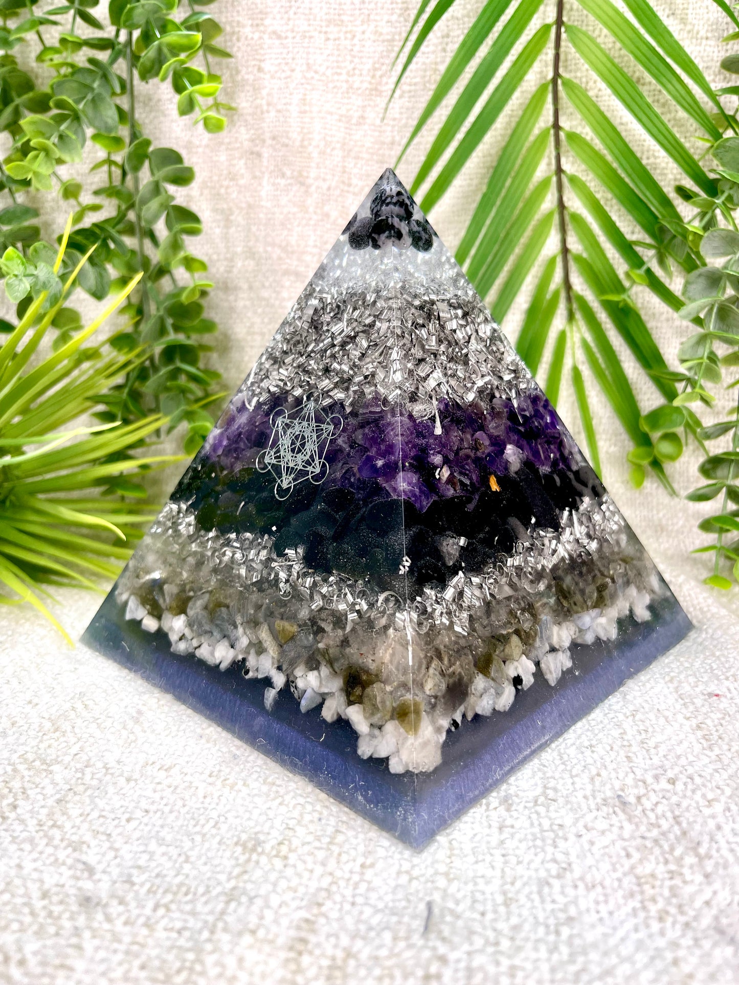 SANDRA - Orgonite Pyramid - EMF Protector - Amethyst, White Quartz, Merlinite, Black Obsidian, Labradorite and Moonstone with Aluminum Metals