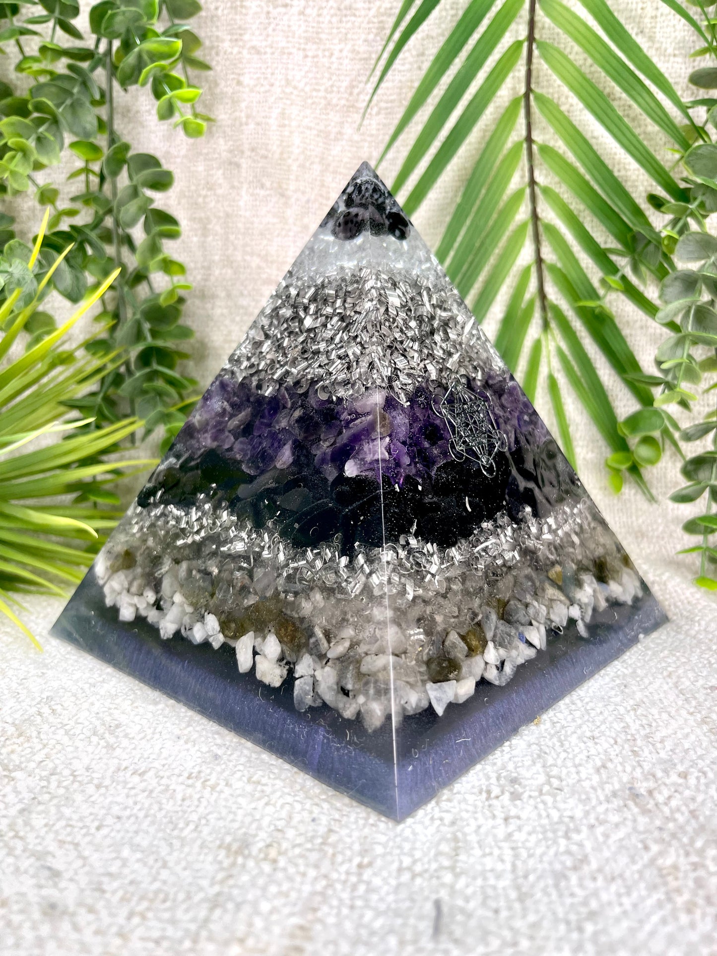 SANDRA - Orgonite Pyramid - EMF Protector - Amethyst, White Quartz, Merlinite, Black Obsidian, Labradorite and Moonstone with Aluminum Metals