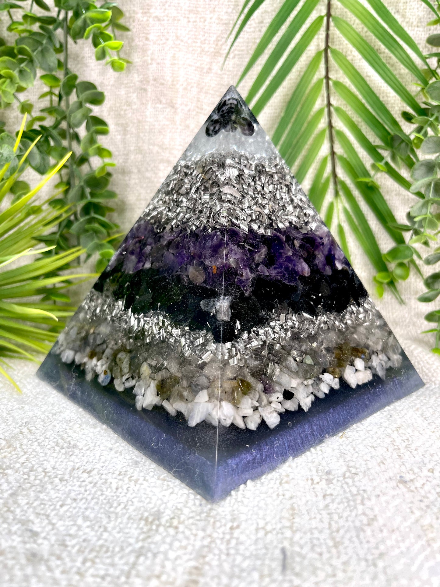 SANDRA - Orgonite Pyramid - EMF Protector - Amethyst, White Quartz, Merlinite, Black Obsidian, Labradorite and Moonstone with Aluminum Metals