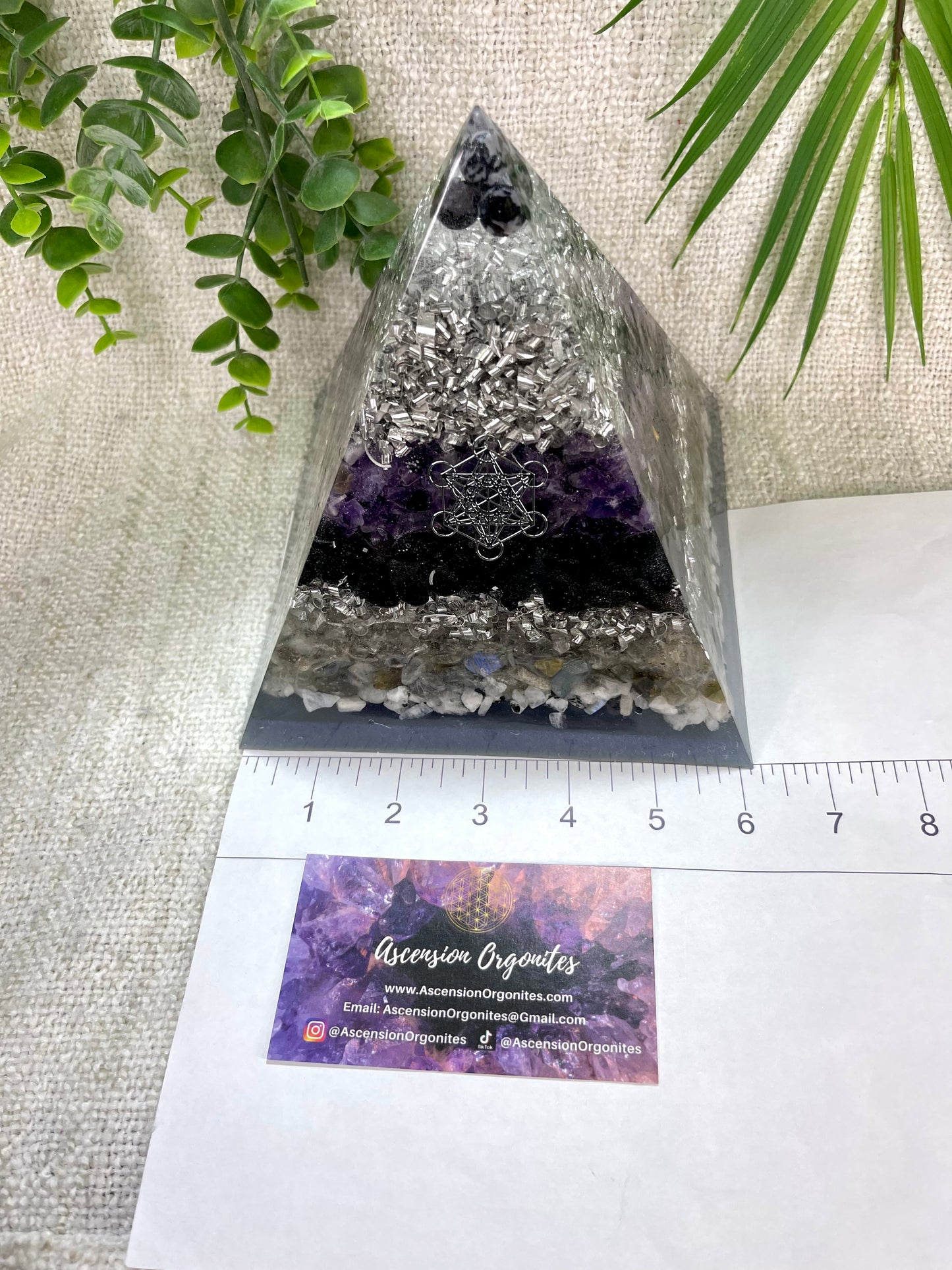 SANDRA - Orgonite Pyramid - EMF Protector - Amethyst, White Quartz, Merlinite, Black Obsidian, Labradorite and Moonstone with Aluminum Metals