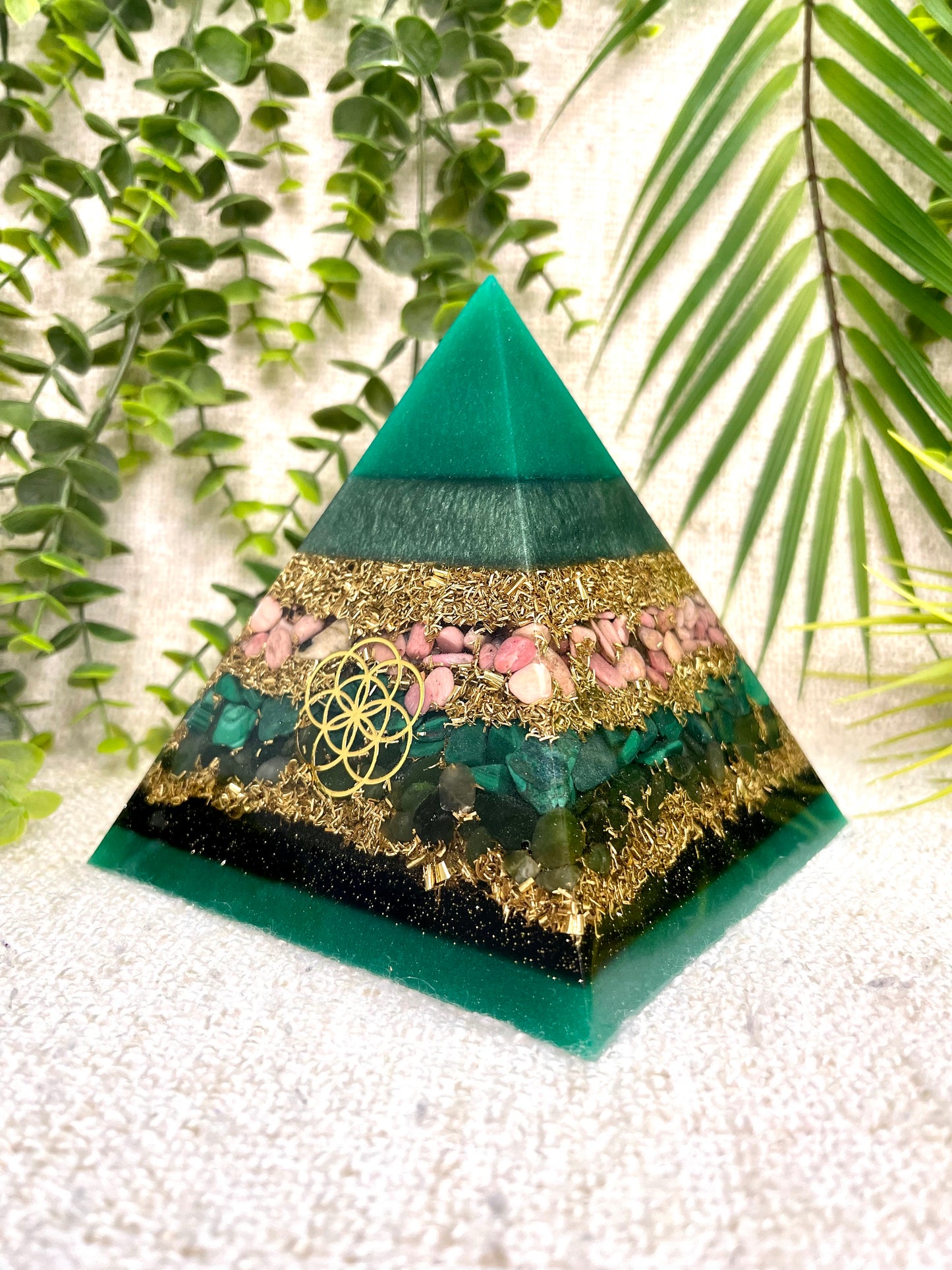 TAURUS - Astrology Edition - Orgonite Pyramid - EMF Protector - Rhodonite, Malachite, Green Jade and Brass Metals