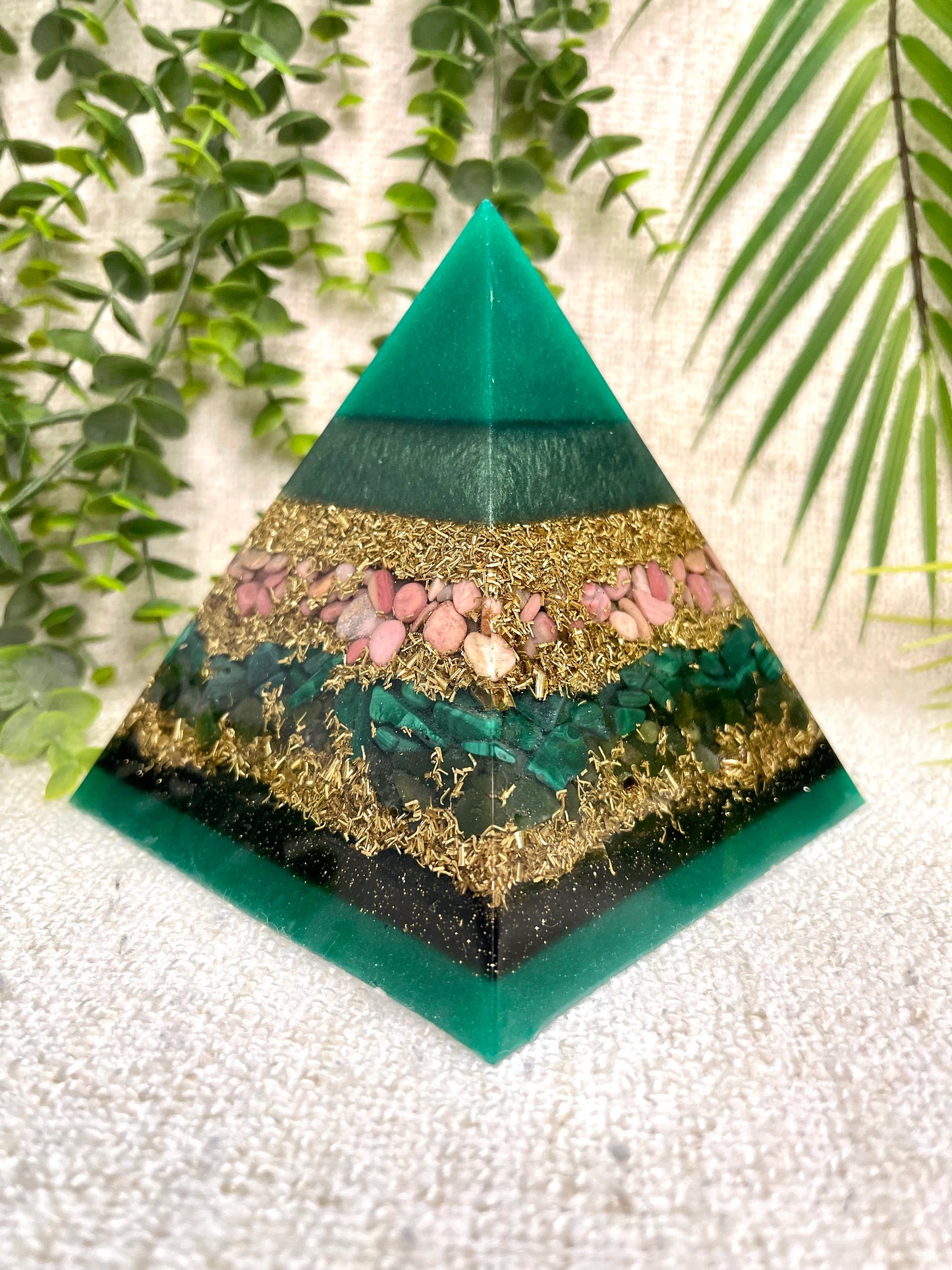 TAURUS - Astrology Edition - Orgonite Pyramid - EMF Protector - Rhodonite, Malachite, Green Jade and Brass Metals