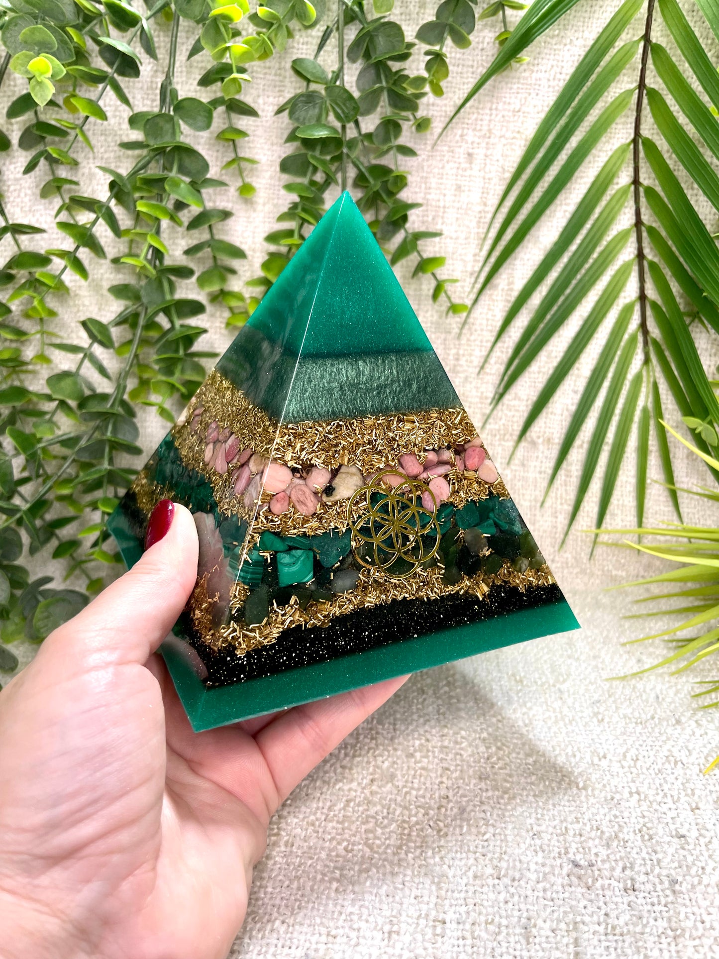 TAURUS - Astrology Edition - Orgonite Pyramid - EMF Protector - Rhodonite, Malachite, Green Jade and Brass Metals