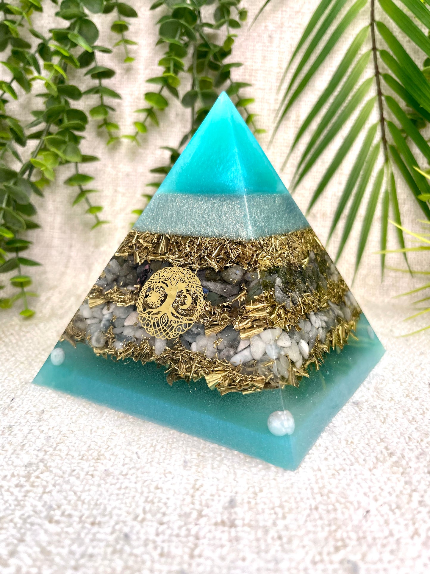 PISCES - Astrology Edition - Orgonite Pyramid - EMF Protector - Labradorite, Aquamarine, Smithsonite and Brass Metals