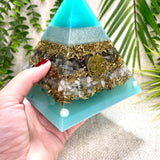 PISCES - Astrology Edition - Orgonite Pyramid - EMF Protector - Labradorite, Aquamarine, Smithsonite and Brass Metals