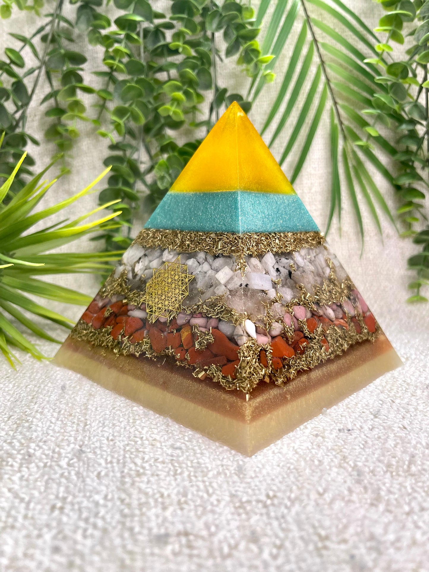 CANCER - Astrology Edition - Orgonite Pyramid - EMF Protector - Moonstone, Rose Quartz, Rhodonite, Red Jasper and Brass Metals