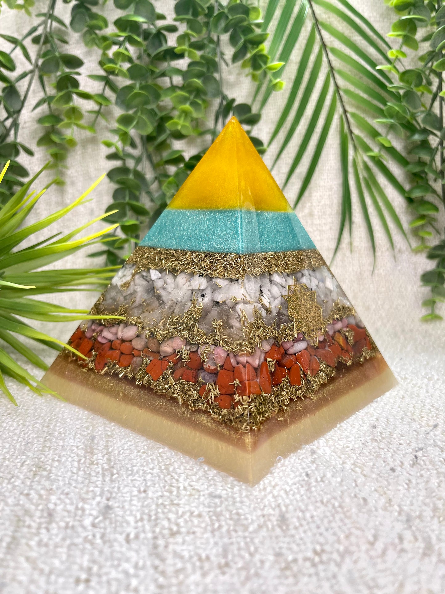 CANCER - Astrology Edition - Orgonite Pyramid - EMF Protector - Moonstone, Rose Quartz, Rhodonite, Red Jasper and Brass Metals