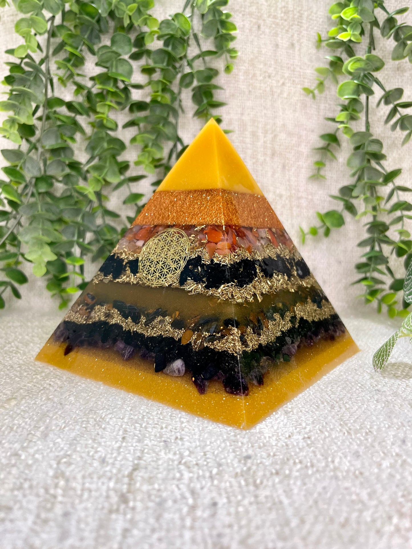 LEO - Astrology Edition - Orgonite Pyramid - EMF Protector - Carnelian, Black Tourmaline, Blue Tiger's Eye, Amethyst with Brass Metals