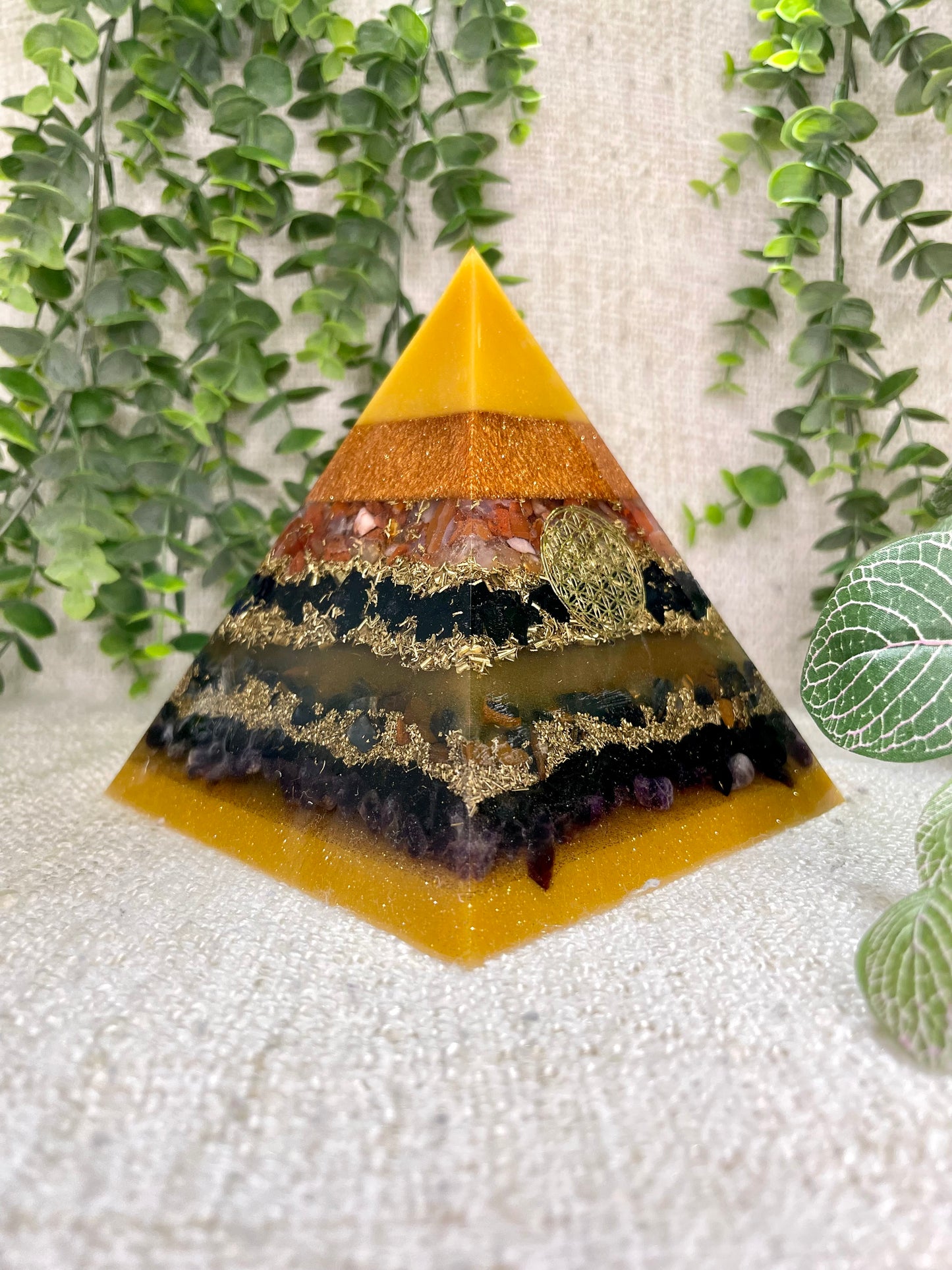 LEO - Astrology Edition - Orgonite Pyramid - EMF Protector - Carnelian, Black Tourmaline, Blue Tiger's Eye, Amethyst with Brass Metals