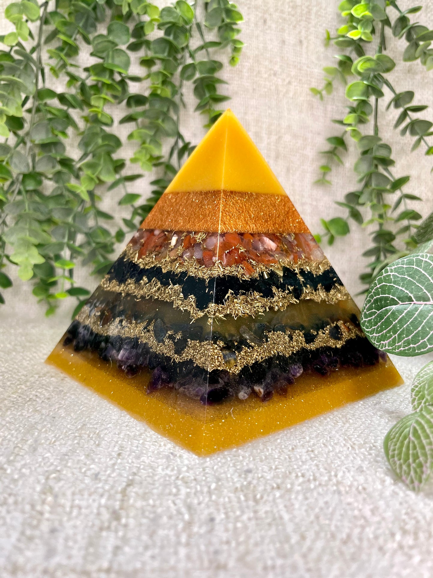 LEO - Astrology Edition - Orgonite Pyramid - EMF Protector - Carnelian, Black Tourmaline, Blue Tiger's Eye, Amethyst with Brass Metals