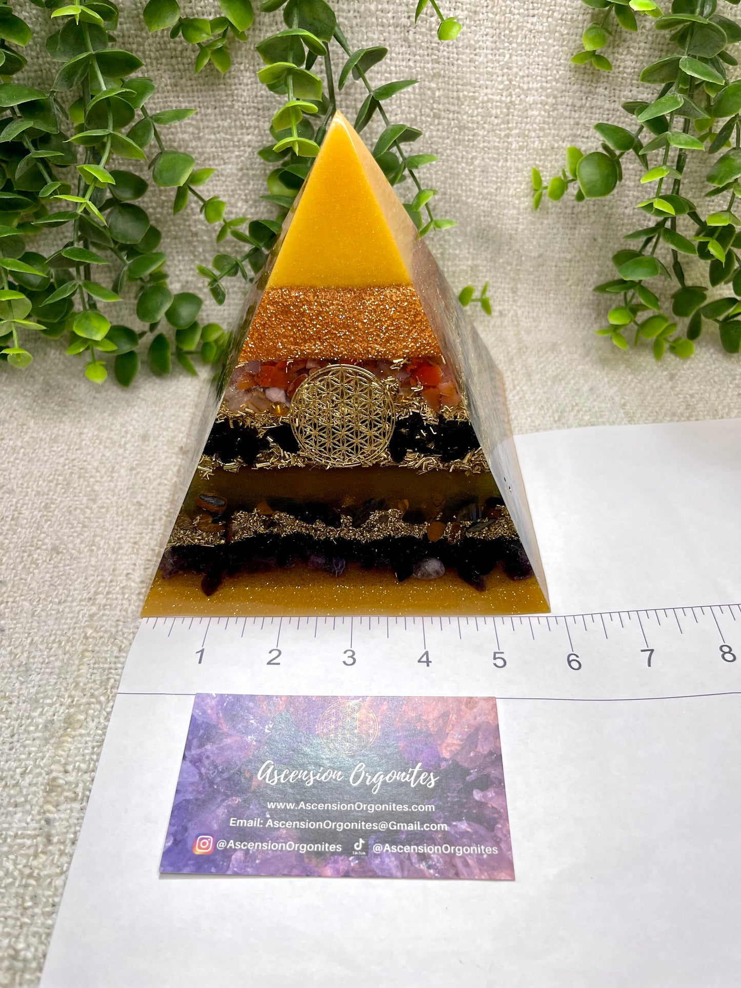 LEO - Astrology Edition - Orgonite Pyramid - EMF Protector - Carnelian, Black Tourmaline, Blue Tiger's Eye, Amethyst with Brass Metals