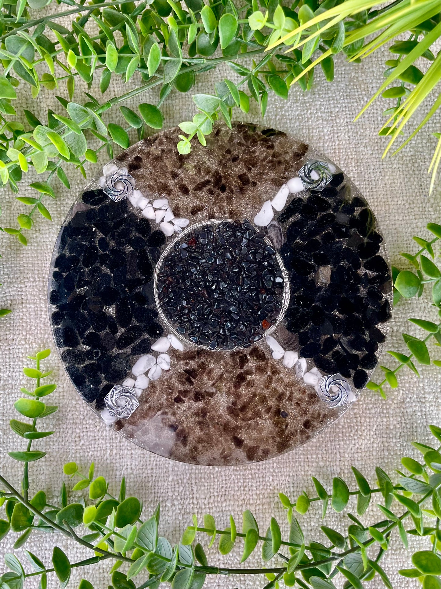 Strength and Protection Orgonite Charging Plate - EMF Protector - Black Obsidian, Black Tourmaline, Smoky Quartz, Howlite, Hematite and Aluminium Metals