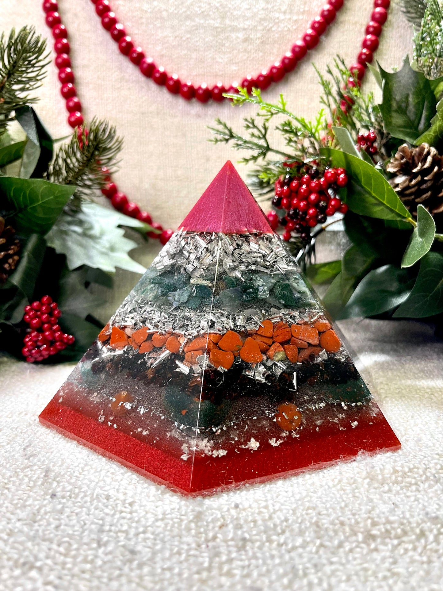 CHRISTMAS Special Edition Hexagonal Pyramid! - EMF Protector - Moss Agate, Red Jasper, Garnet, Bloodstone, Red Agate with Aluminium and Silver Metals.