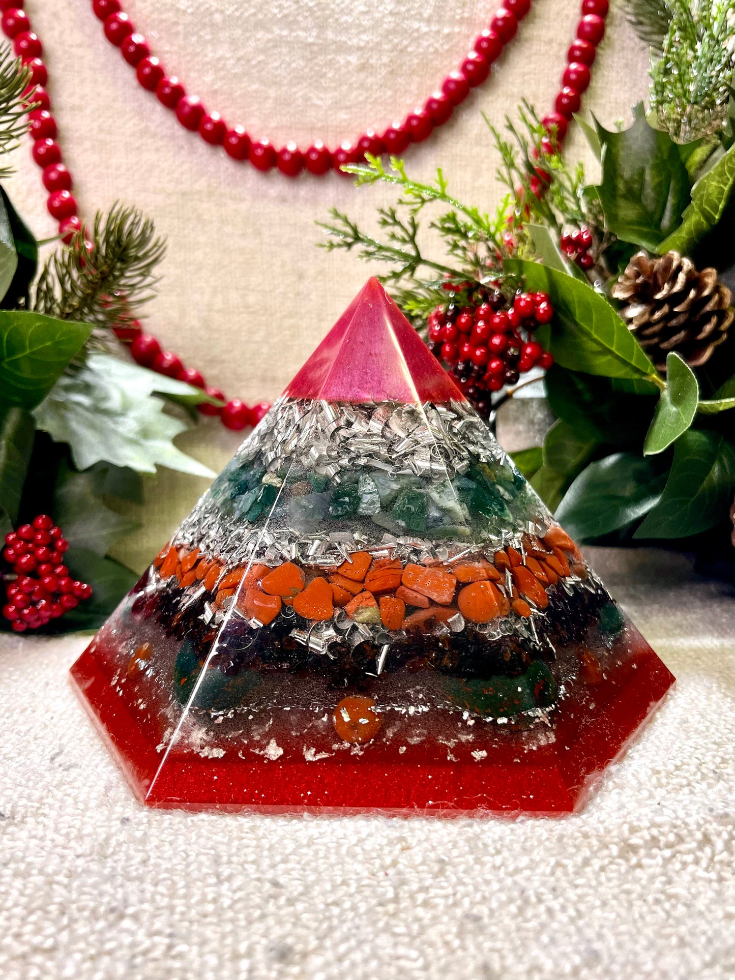 CHRISTMAS Special Edition Hexagonal Pyramid! - EMF Protector - Moss Agate, Red Jasper, Garnet, Bloodstone, Red Agate with Aluminium and Silver Metals.