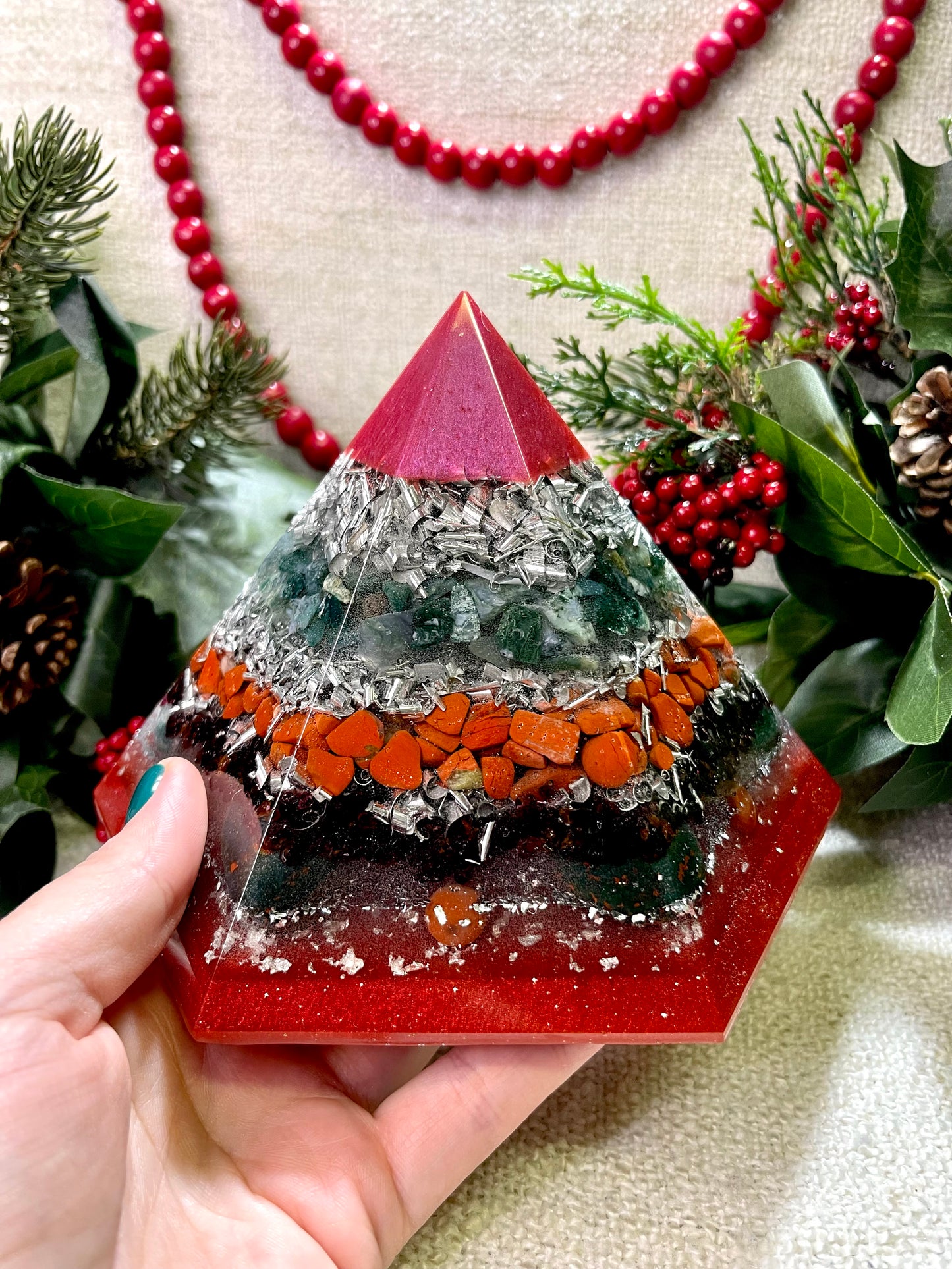 CHRISTMAS Special Edition Hexagonal Pyramid! - EMF Protector - Moss Agate, Red Jasper, Garnet, Bloodstone, Red Agate with Aluminium and Silver Metals.