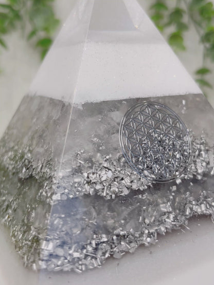 MONICA - Orgonite Pyramid - EMF Protector - White Quartz and Aluminum Metal